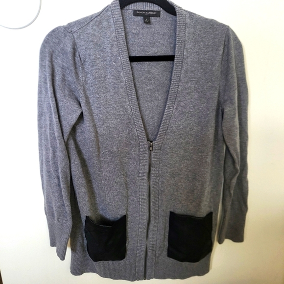 Banana Republic Zip Cardigan Faux Leather Pockets Grey Women Small - Picture 2 of 9